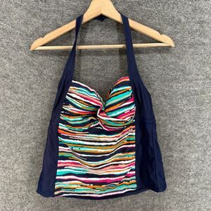Catalina Tankini Top Women L Large Blue Striped Sleeveless Halter Neck Lined